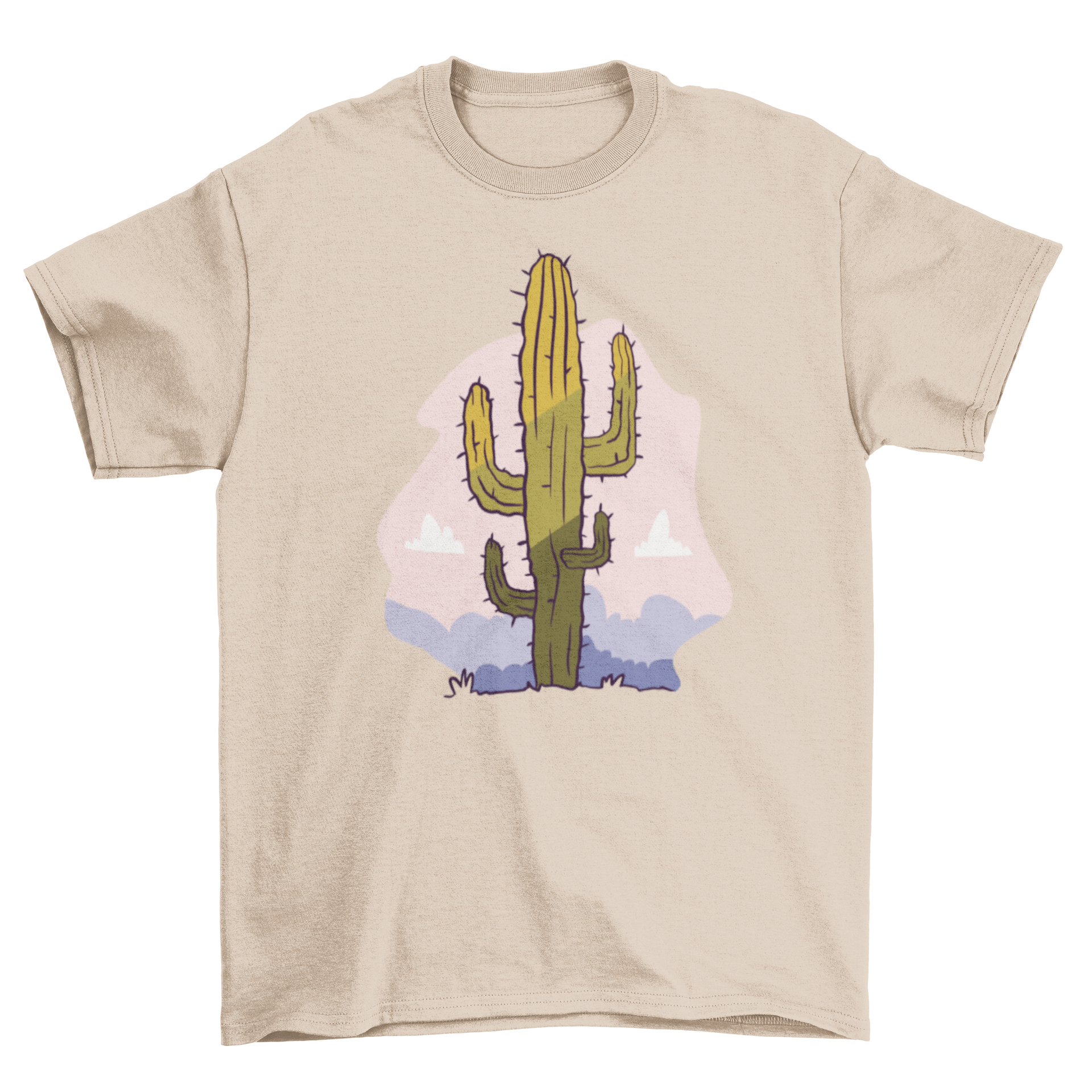 A stylish T-shirt featuring a vibrant cactus illustration set against a desert backdrop.