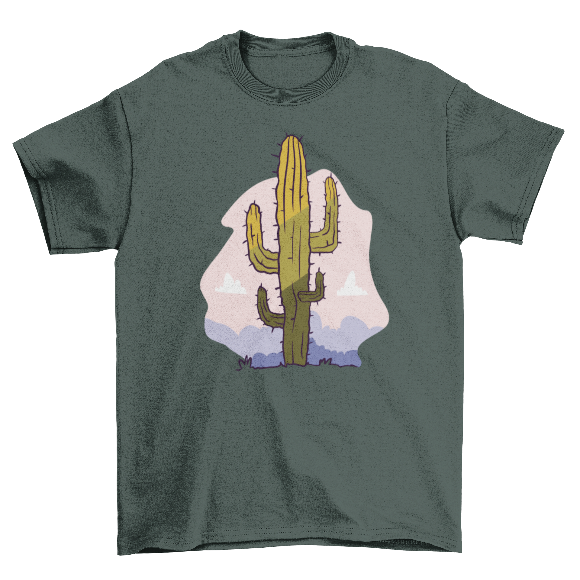 A stylish T-shirt featuring a vibrant cactus illustration set against a desert backdrop.