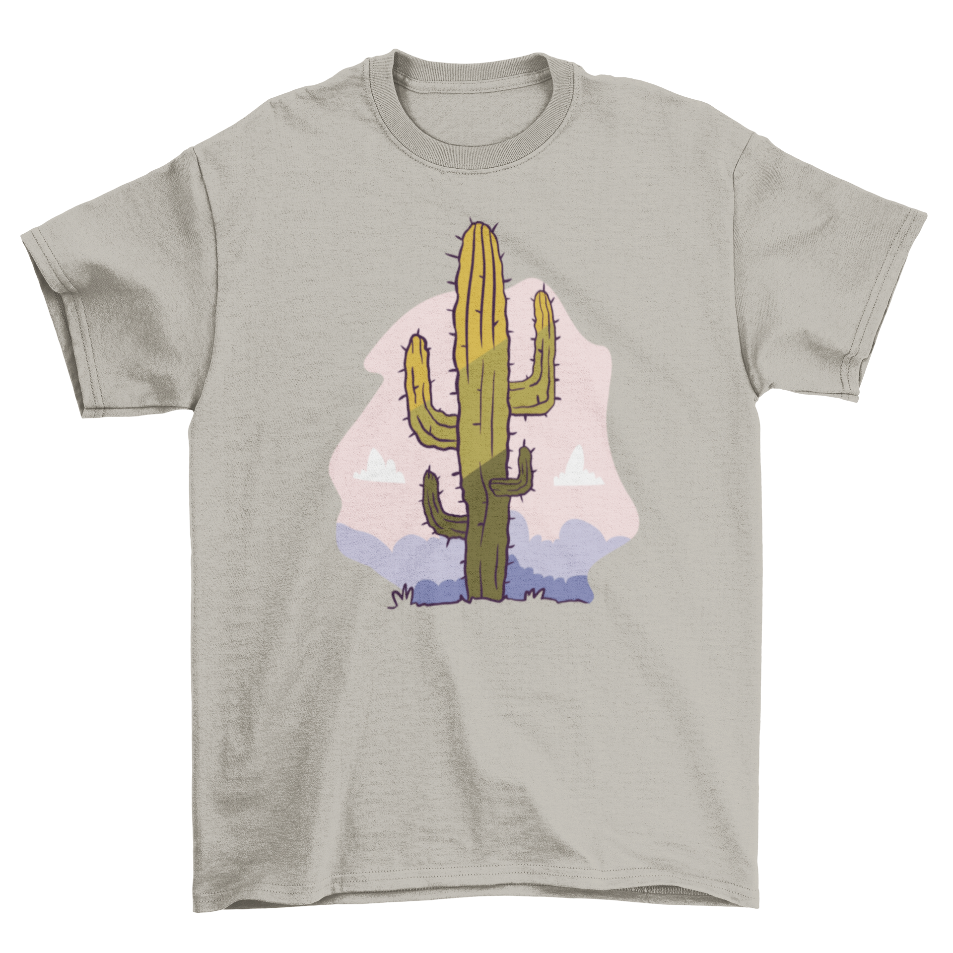 A stylish T-shirt featuring a vibrant cactus illustration set against a desert backdrop.