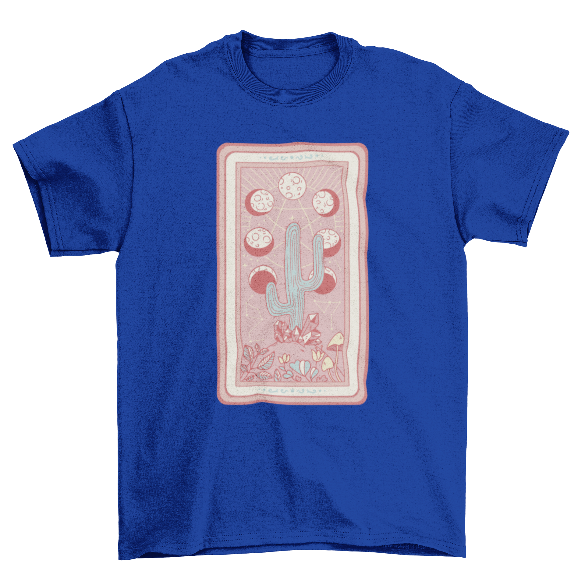 A stylish t-shirt featuring a cactus plant tarot card design with moon phases, perfect for tarot enthusiasts.