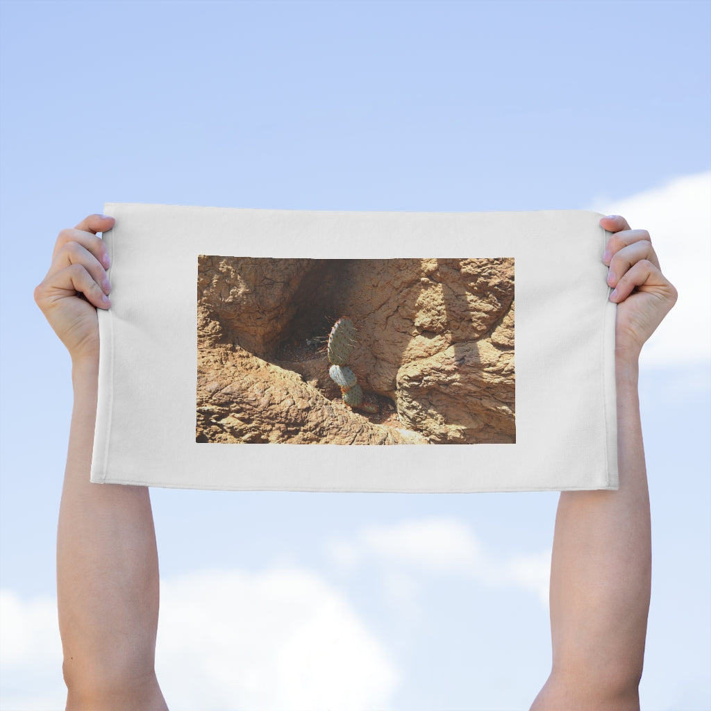 Cactus Rally Towel measuring 11x18 inches, featuring a soft cotton loop backing and printed mink polyester front, ideal for sports and events.