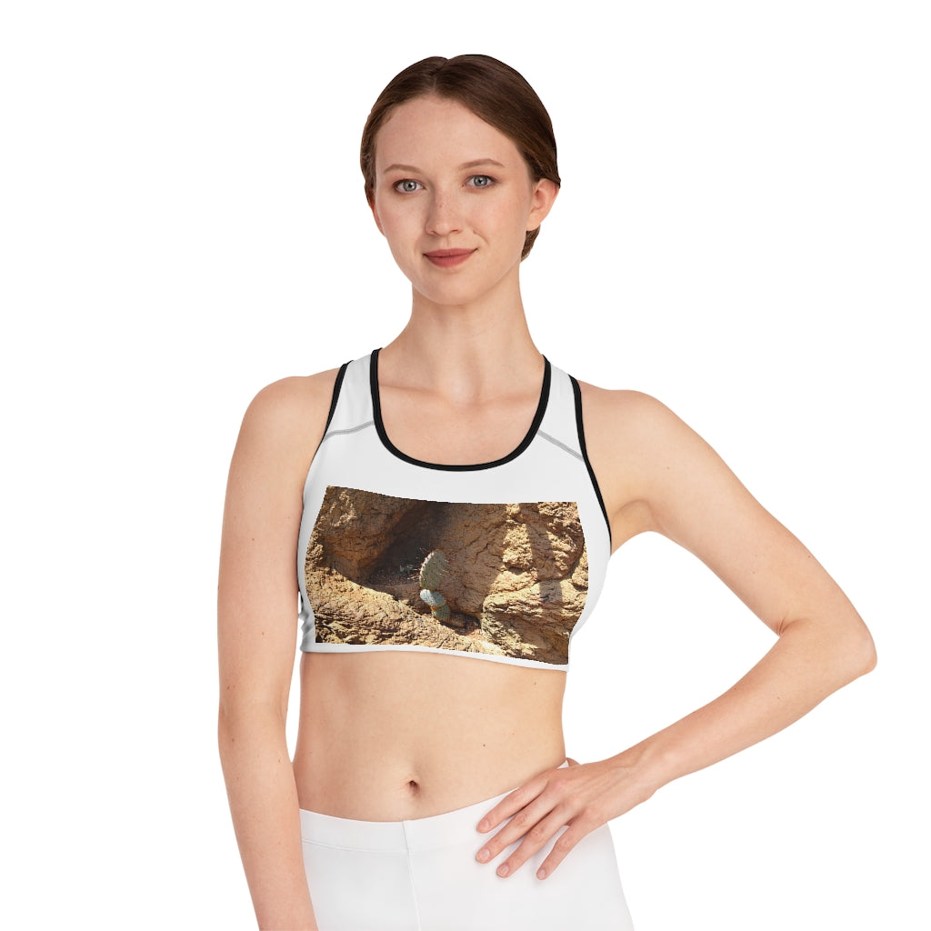 Cactus Sports Bra featuring a customizable all-over-print design, compression fit, and double-layer front for enhanced support and comfort.