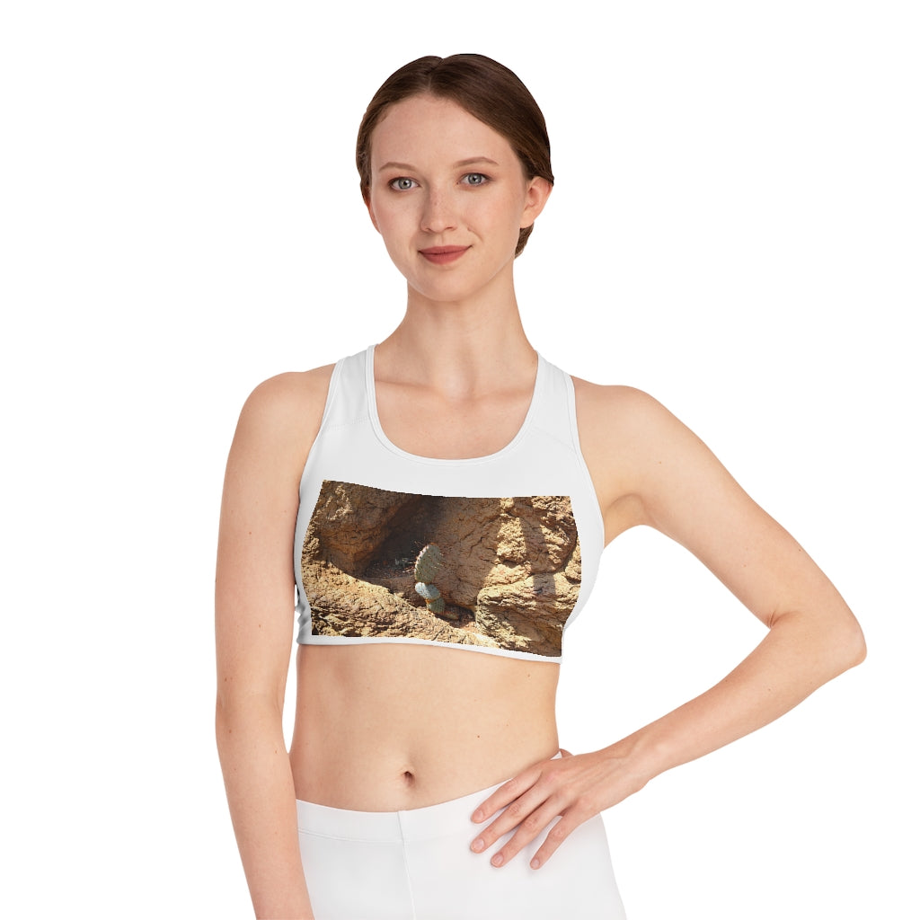 Cactus Sports Bra featuring a customizable all-over-print design, compression fit, and double-layer front for enhanced support and comfort.