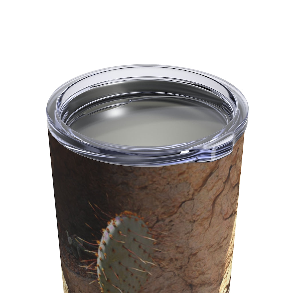 Cactus Tumbler 10oz made of stainless steel with a see-thru plastic lid, showcasing its sleek design and rounded corners.