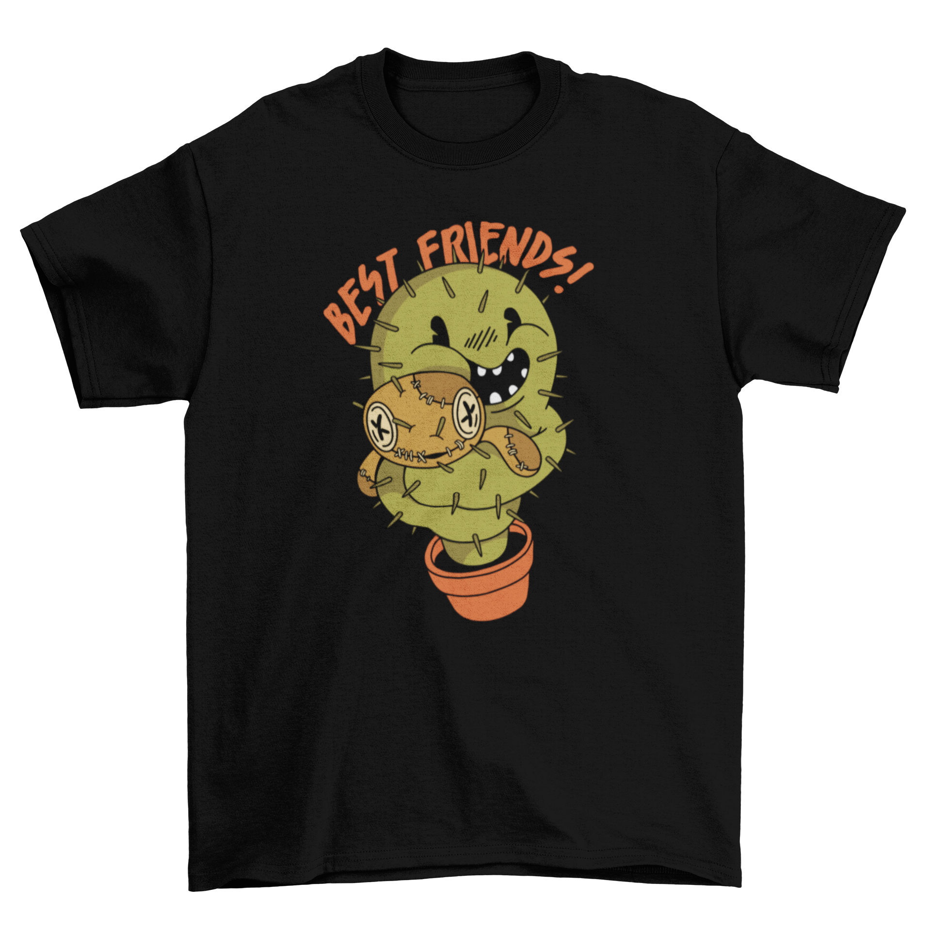 A humorous t-shirt featuring a cactus hugging a voodoo doll with the quote 'Best friends!' in a playful design.