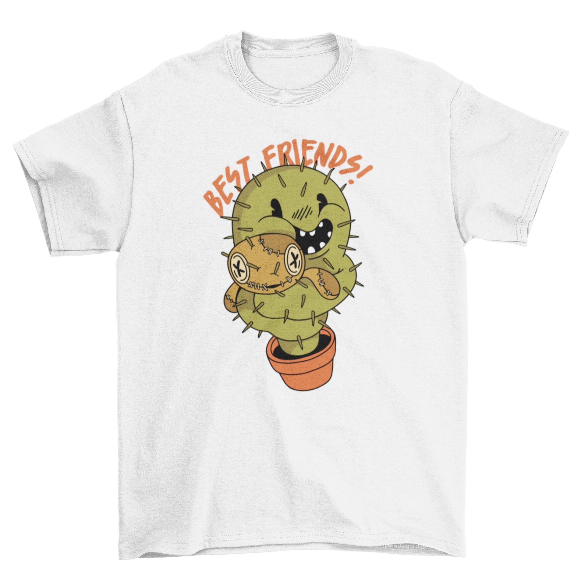 A humorous t-shirt featuring a cactus hugging a voodoo doll with the quote 'Best friends!' in a playful design.