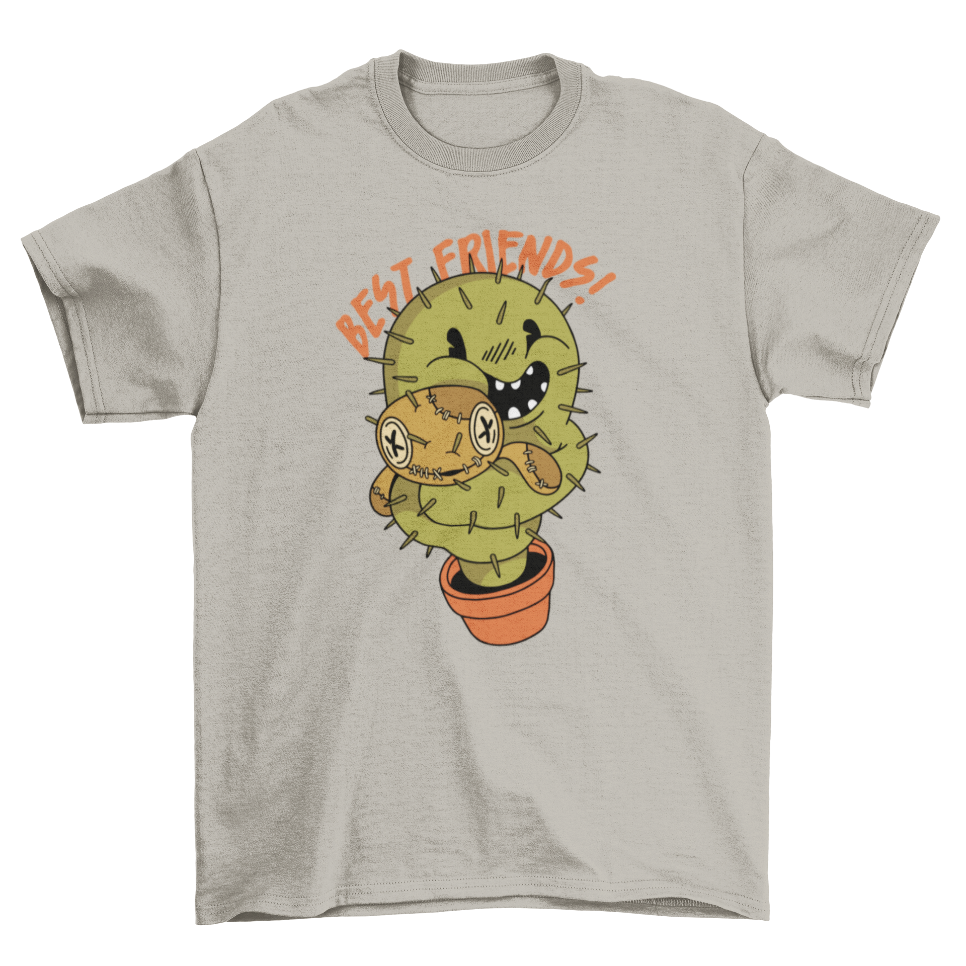 A humorous t-shirt featuring a cactus hugging a voodoo doll with the quote 'Best friends!' in a playful design.