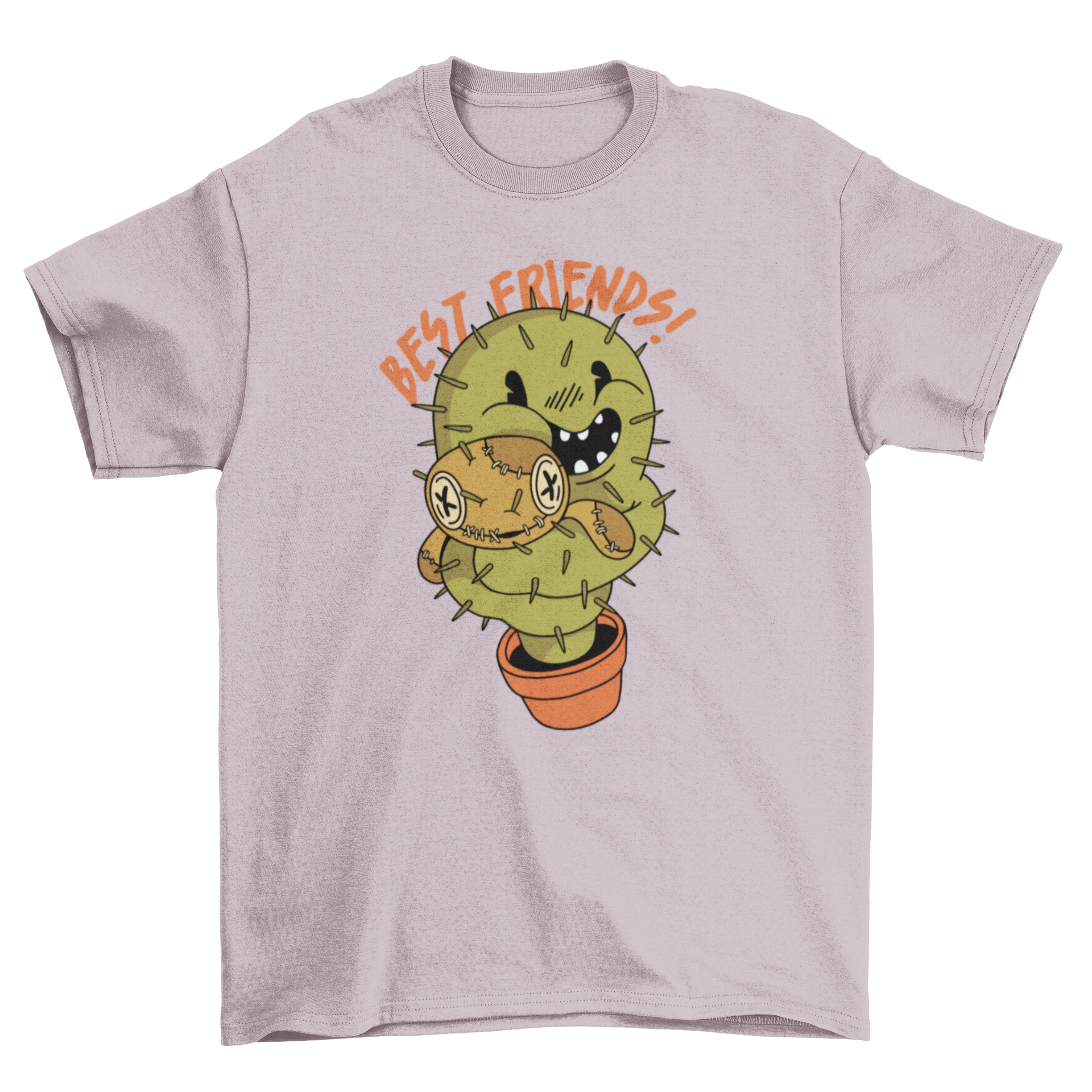 A humorous t-shirt featuring a cactus hugging a voodoo doll with the quote 'Best friends!' in a playful design.