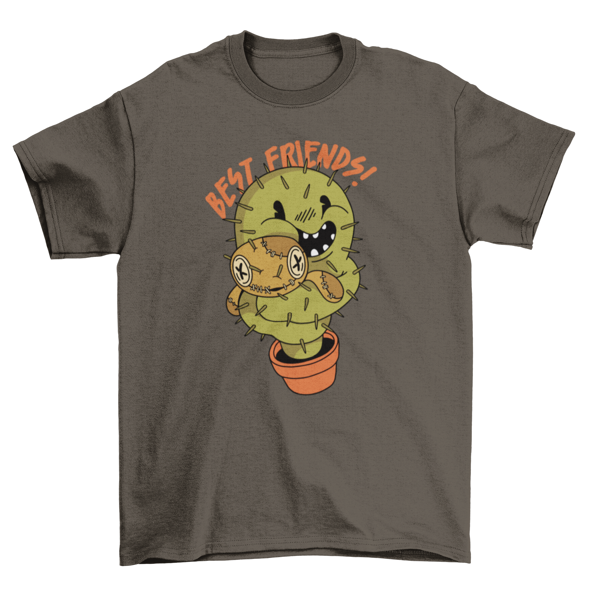 A humorous t-shirt featuring a cactus hugging a voodoo doll with the quote 'Best friends!' in a playful design.