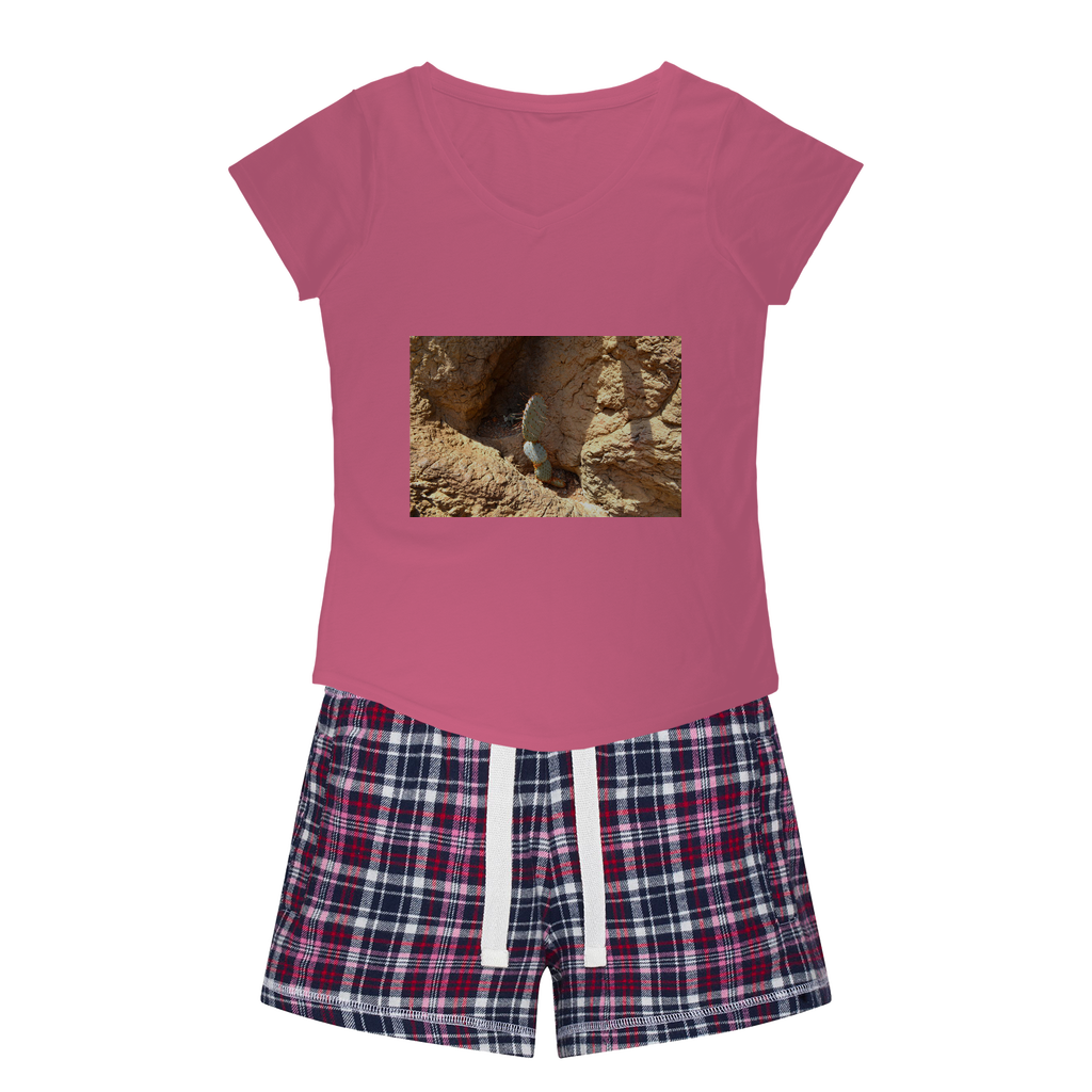 Cactus Women's Sleepy Tee and Flannel Short set featuring a relaxed fit T-shirt and vibrant flannel shorts, perfect for cozy nights.