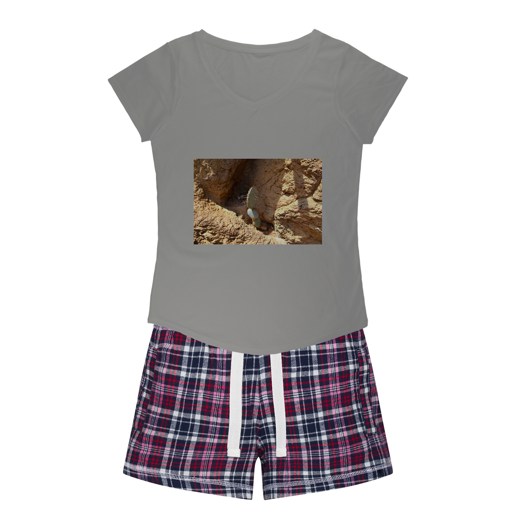 Cactus Women's Sleepy Tee and Flannel Short set featuring a relaxed fit T-shirt and vibrant flannel shorts, perfect for cozy nights.