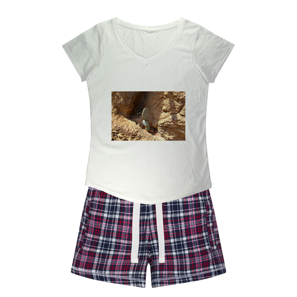 Cactus Women's Sleepy Tee and Flannel Short set featuring a relaxed fit T-shirt and vibrant flannel shorts, perfect for cozy nights.