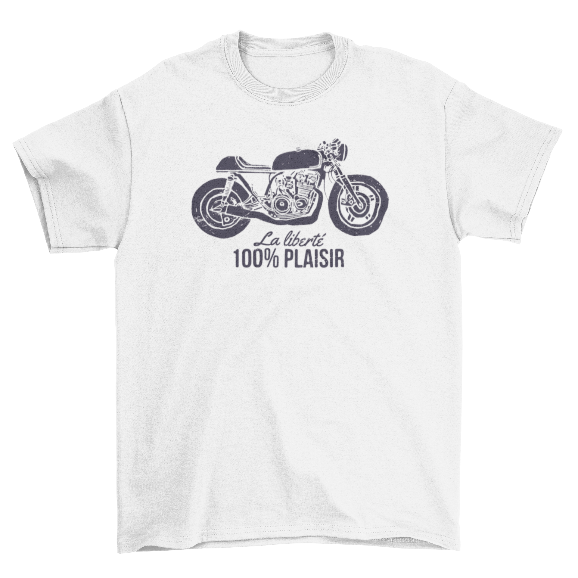 Café racer t-shirt featuring a motorcycle design and French quote.