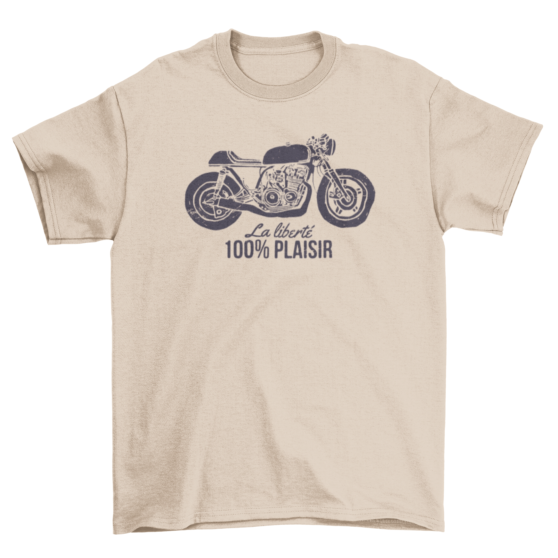 Café racer t-shirt featuring a motorcycle design and French quote.