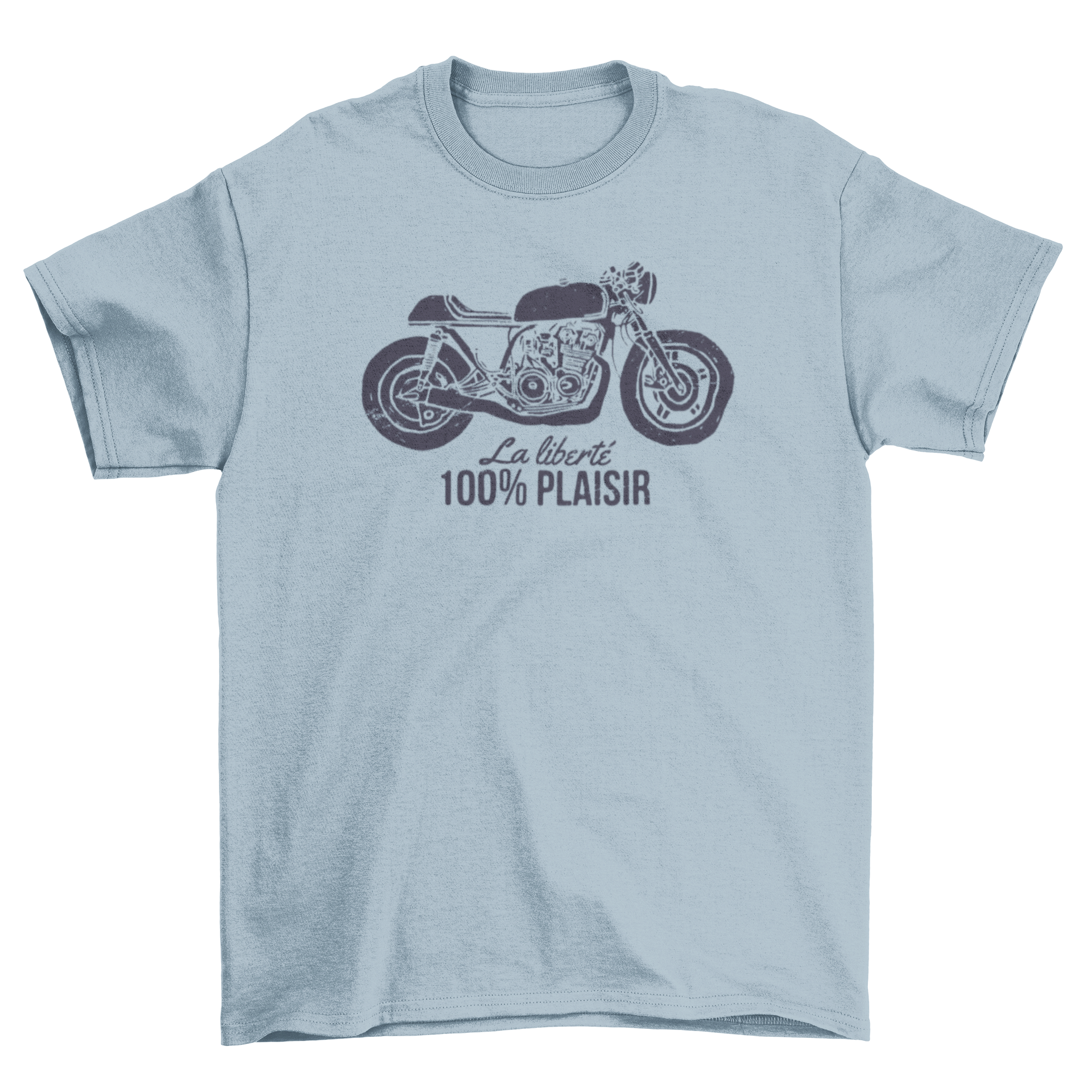 Café racer t-shirt featuring a motorcycle design and French quote.