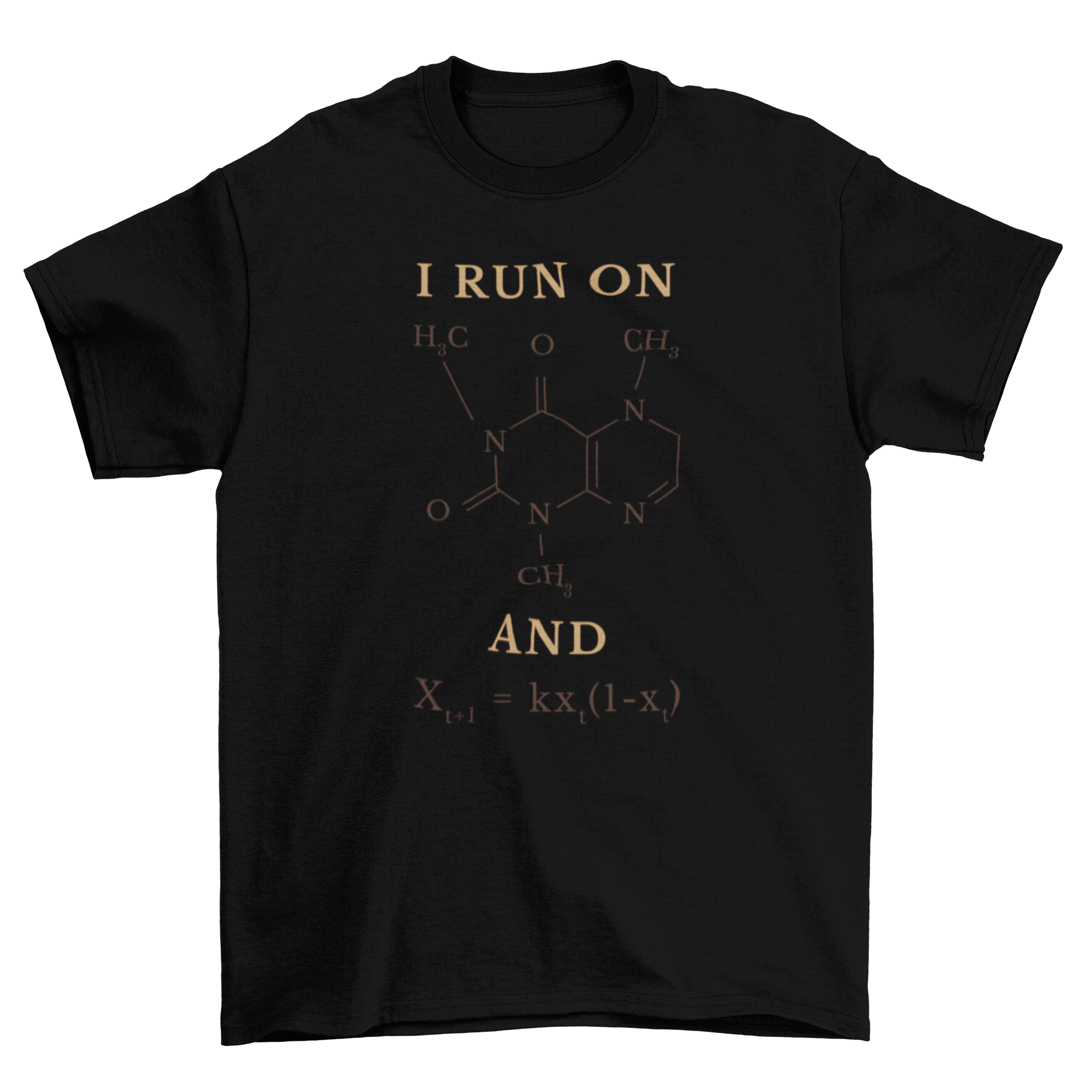 Caffeine formula t-shirt featuring a stylish design with the molecular structure of caffeine and a quote.