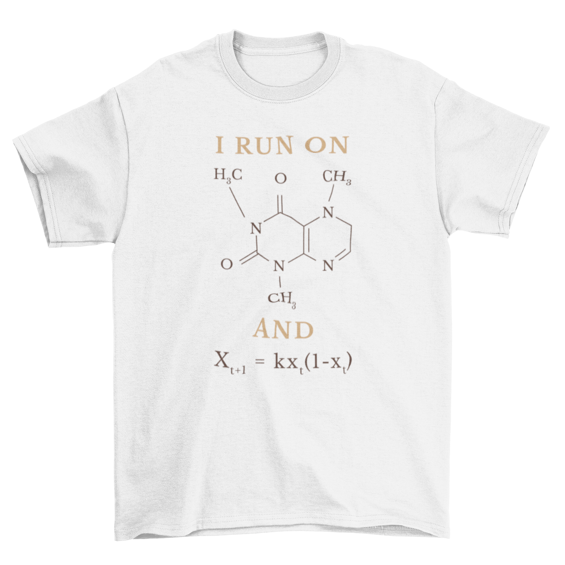 Caffeine formula t-shirt featuring a stylish design with the molecular structure of caffeine and a quote.