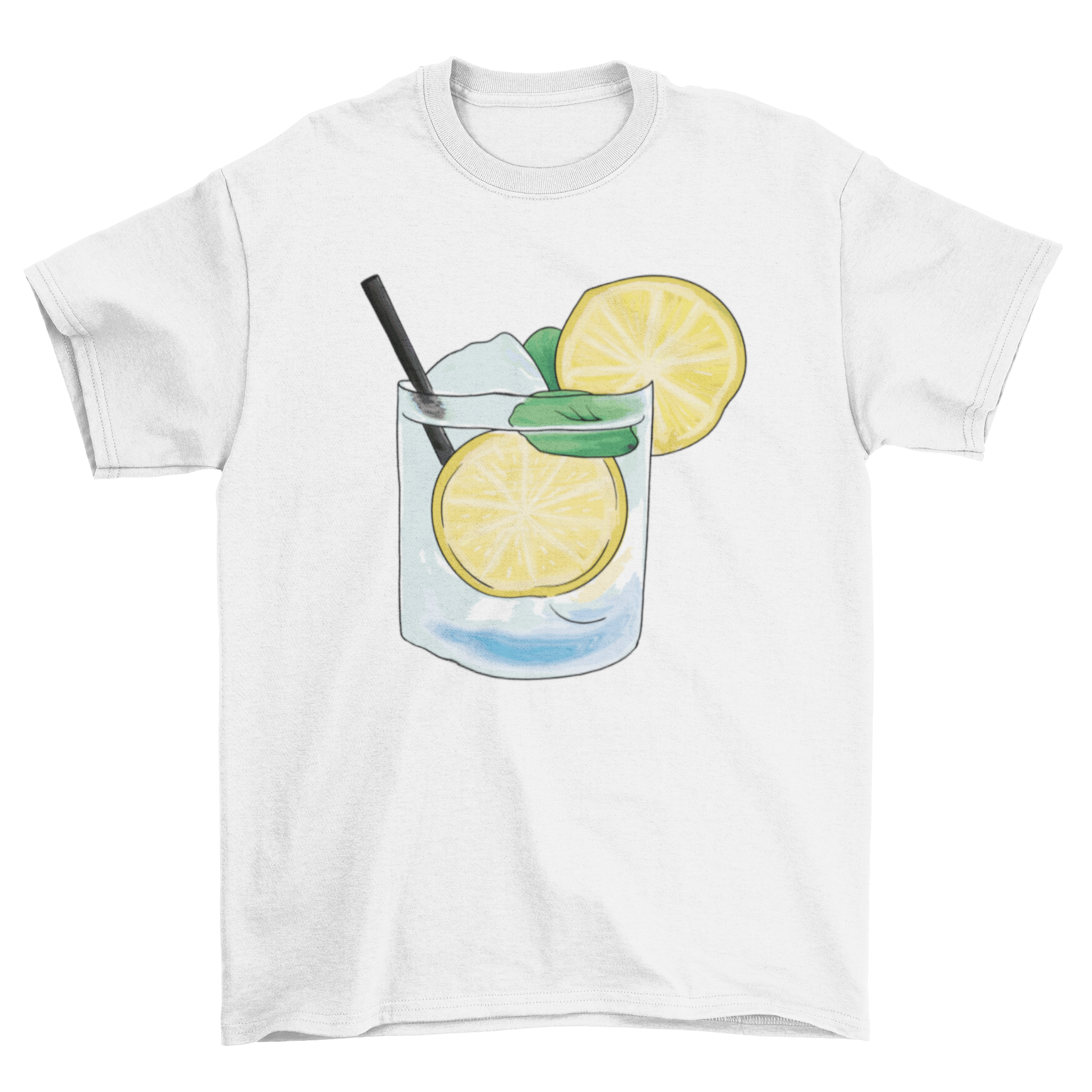 A stylish t-shirt featuring a caipirinha glass with a lemon illustration, perfect for cocktail lovers.