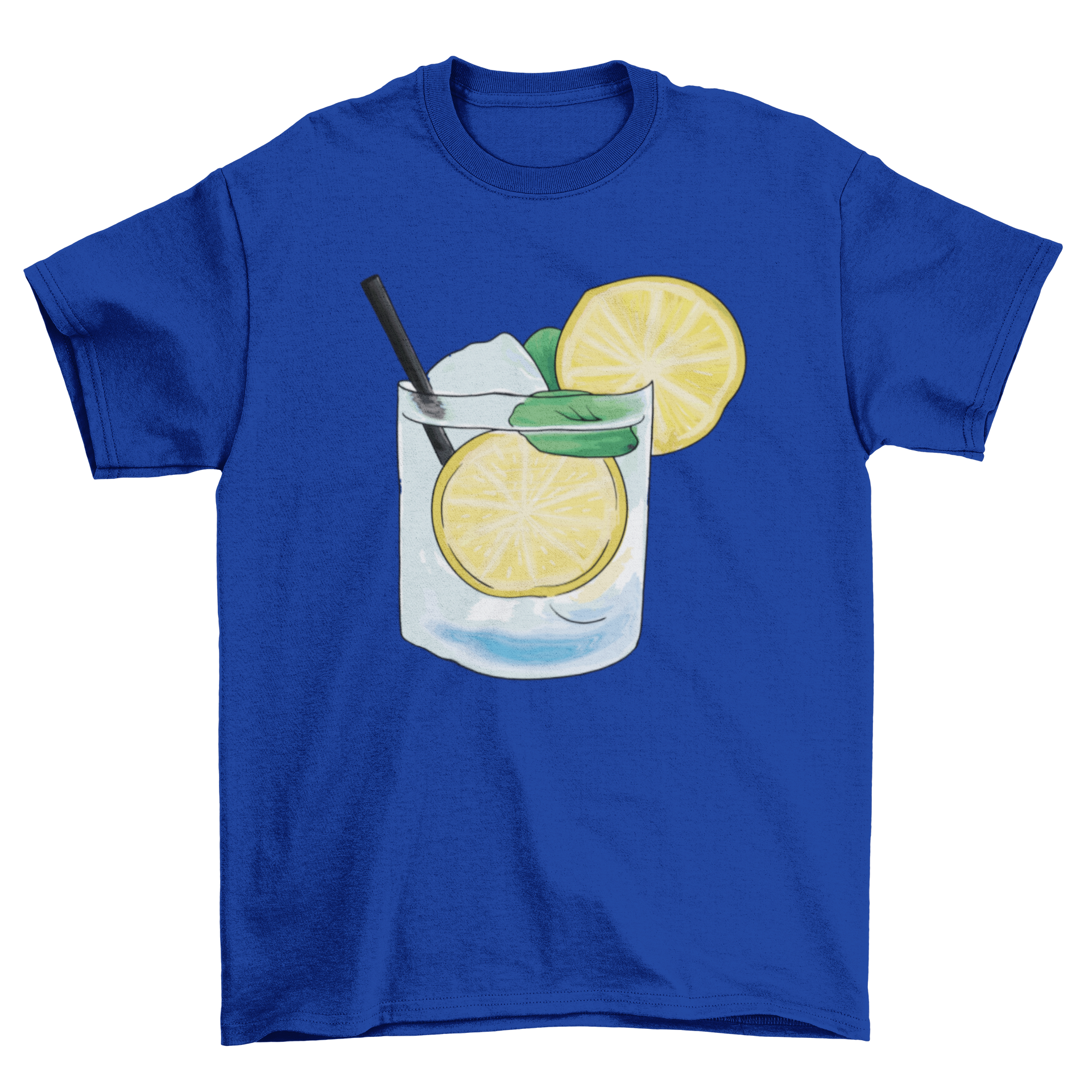 A stylish t-shirt featuring a caipirinha glass with a lemon illustration, perfect for cocktail lovers.