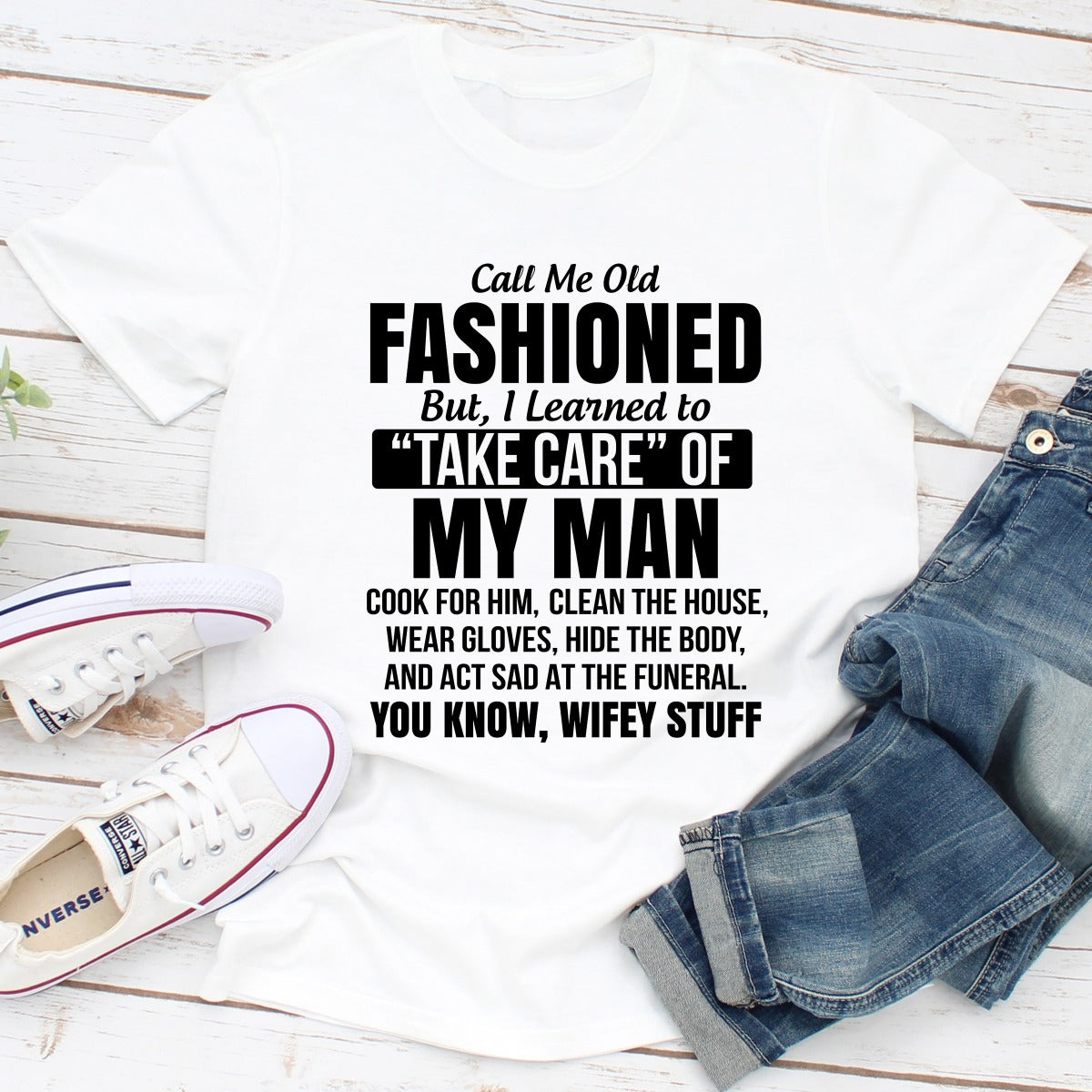 A stylish Call Me Old Fashioned T-Shirt made from soft ring-spun cotton, featuring double stitching for durability.