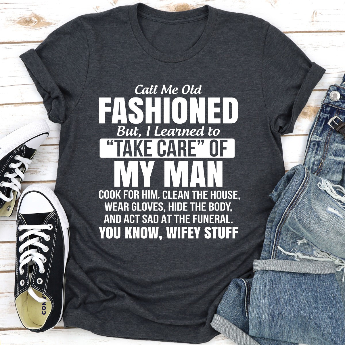 A stylish Call Me Old Fashioned T-Shirt made from soft ring-spun cotton, featuring double stitching for durability.