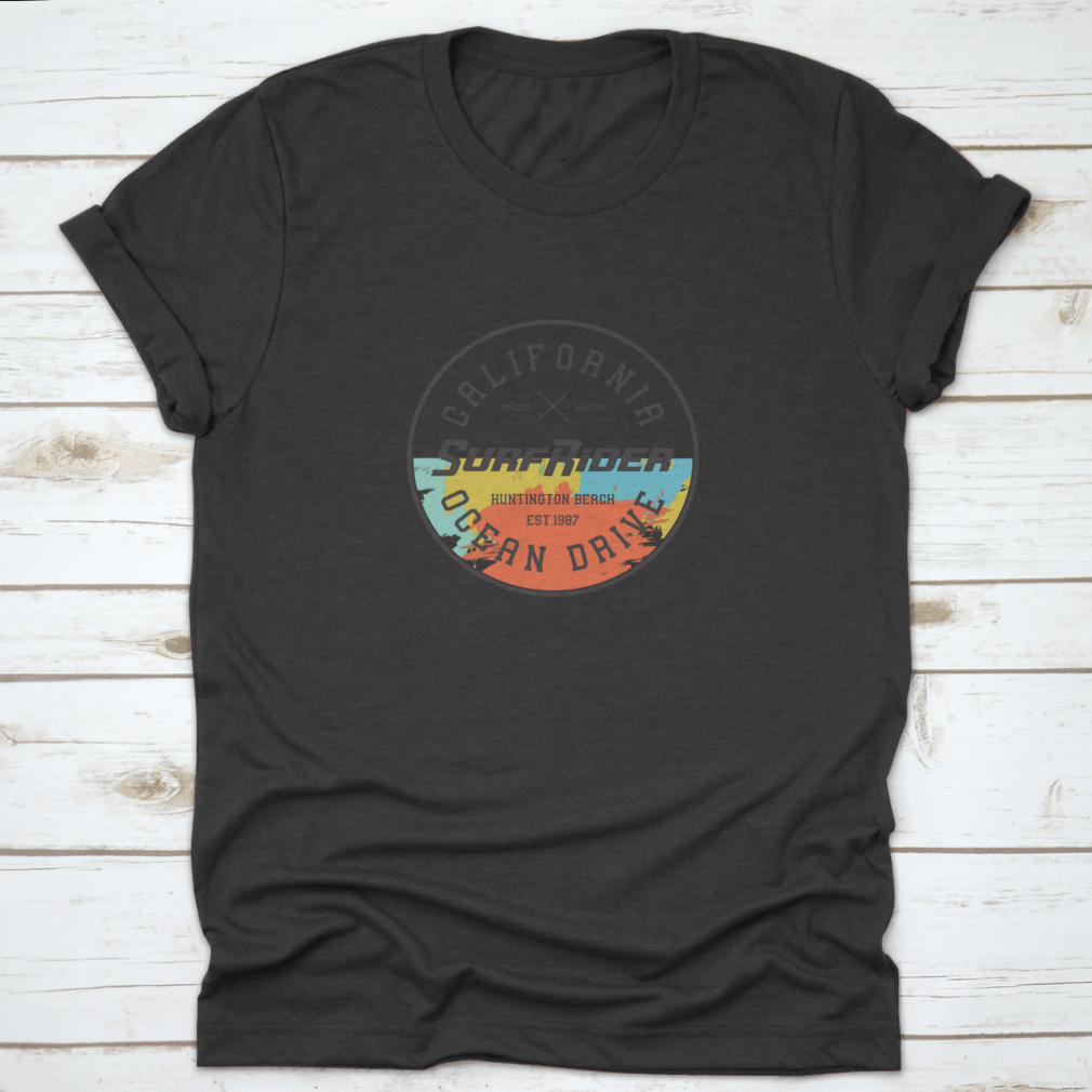 California Surf Rider T-shirt featuring a vector design inspired by Huntington Beach, made from 100% cotton for comfort.