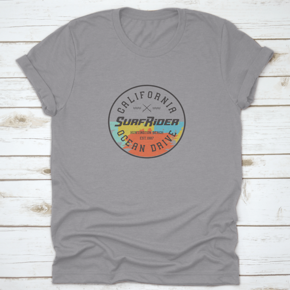 California Surf Rider T-shirt featuring a vector design inspired by Huntington Beach, made from 100% cotton for comfort.