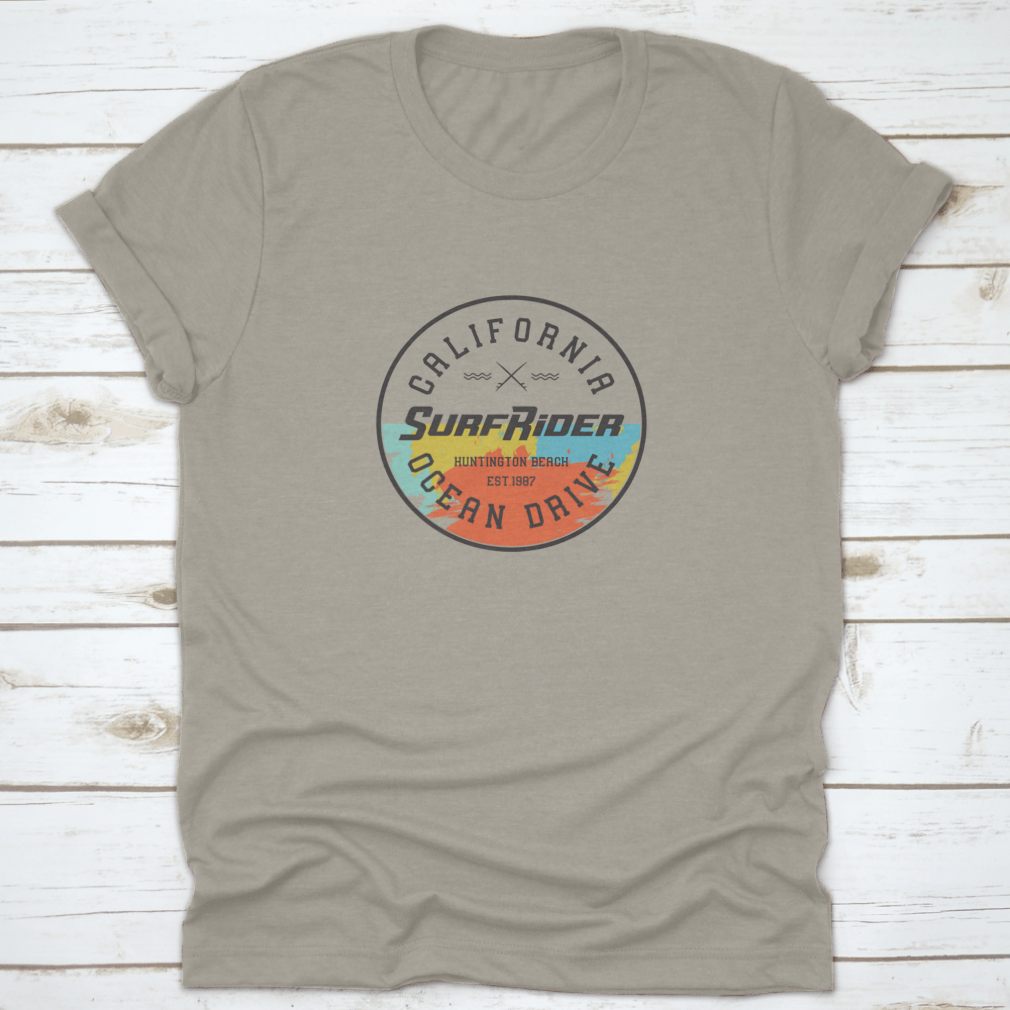 California Surf Rider T-shirt featuring a vector design inspired by Huntington Beach, made from 100% cotton for comfort.