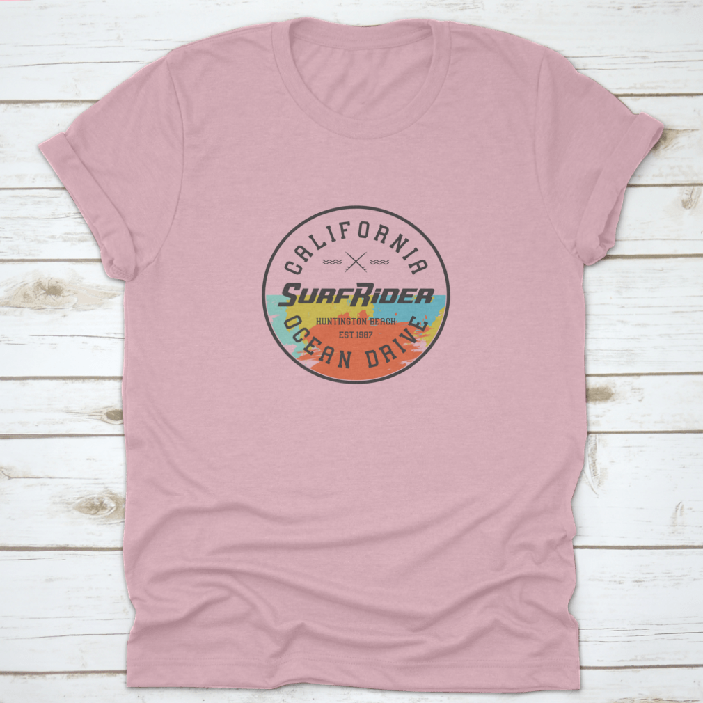 California Surf Rider T-shirt featuring a vector design inspired by Huntington Beach, made from 100% cotton for comfort.