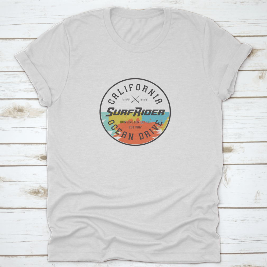 California Surf Rider T-shirt featuring a vector design inspired by Huntington Beach, made from 100% cotton for comfort.