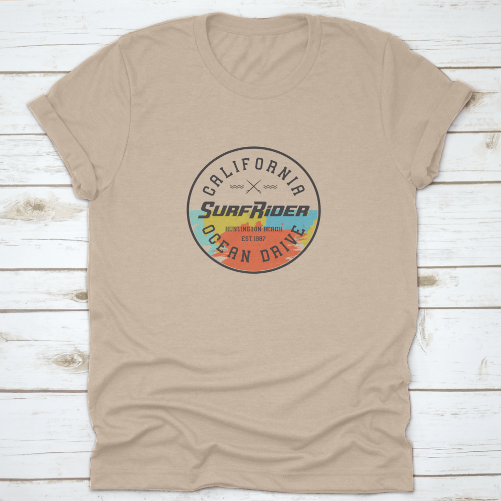 California Surf Rider T-shirt featuring a vector design inspired by Huntington Beach, made from 100% cotton for comfort.