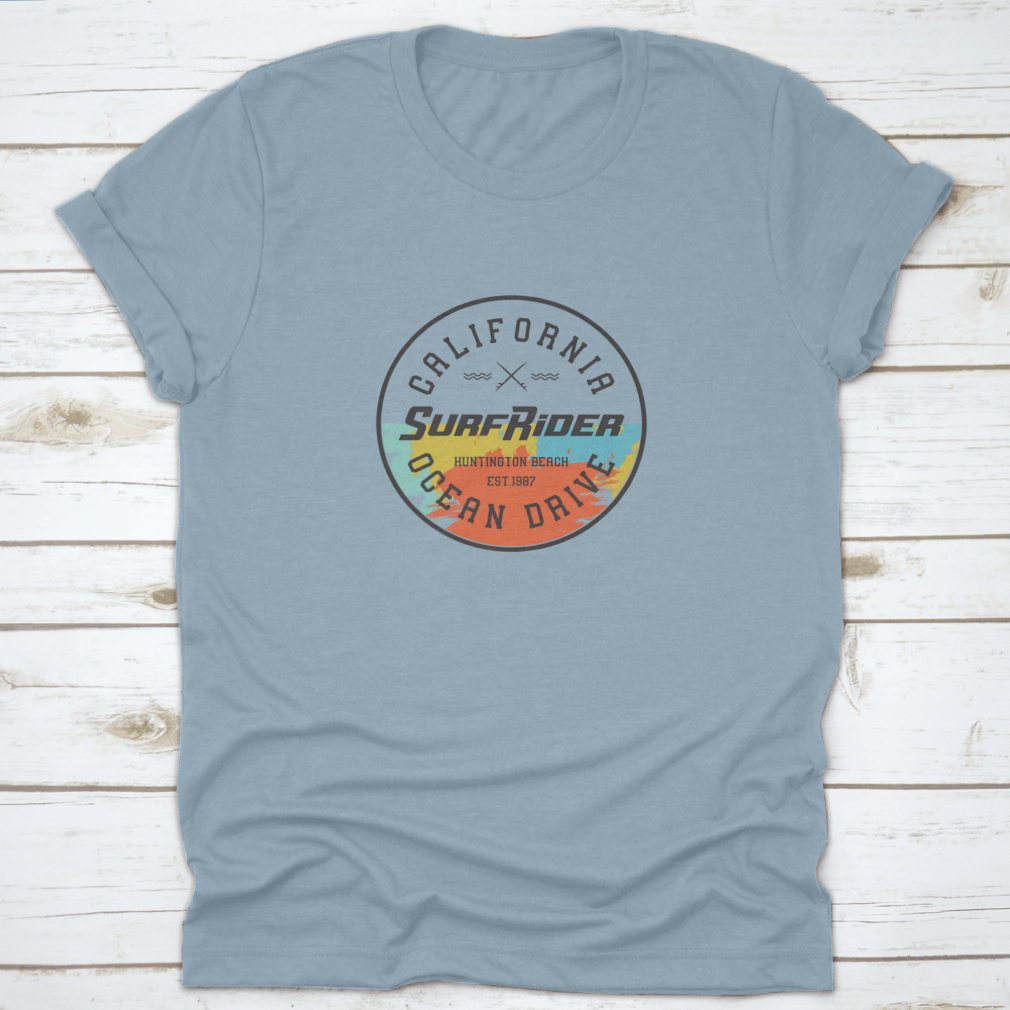 California Surf Rider T-shirt featuring a vector design inspired by Huntington Beach, made from 100% cotton for comfort.