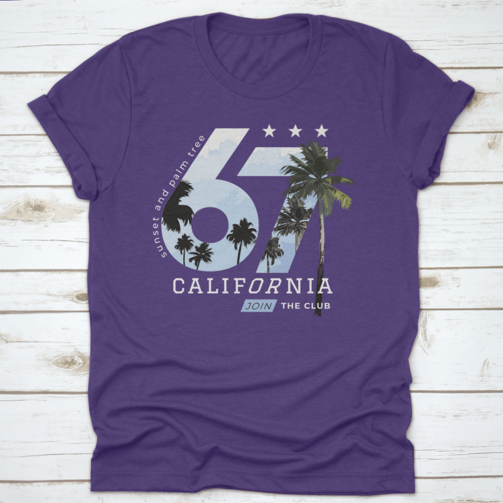 California-themed T-shirt design featuring palm trees and numbers, made from soft cotton fabric.