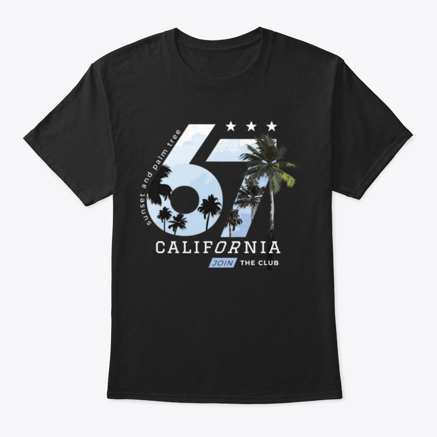 California-themed T-shirt design featuring palm trees and numbers, made from soft cotton fabric.