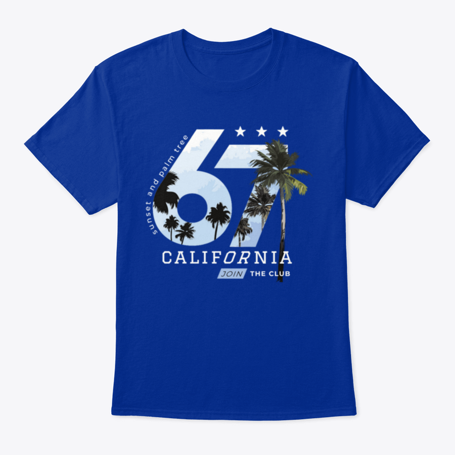 California-themed T-shirt design featuring palm trees and numbers, made from soft cotton fabric.