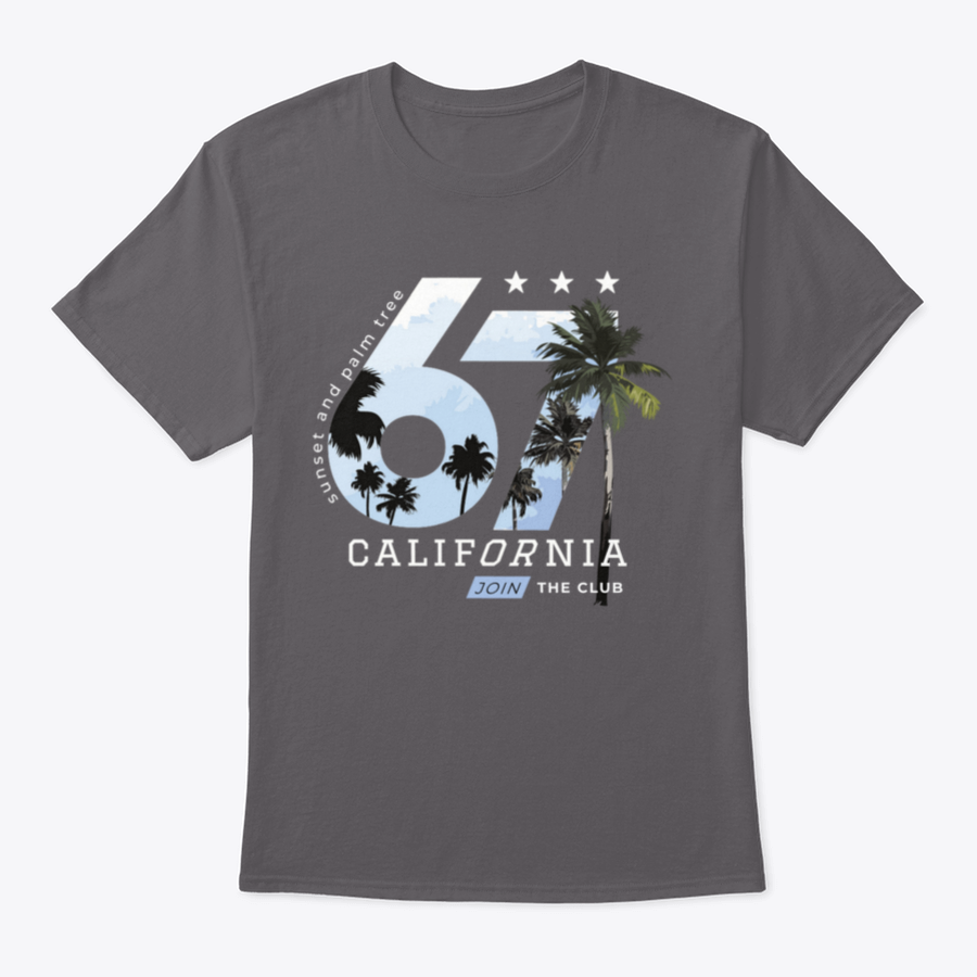 California-themed T-shirt design featuring palm trees and numbers, made from soft cotton fabric.