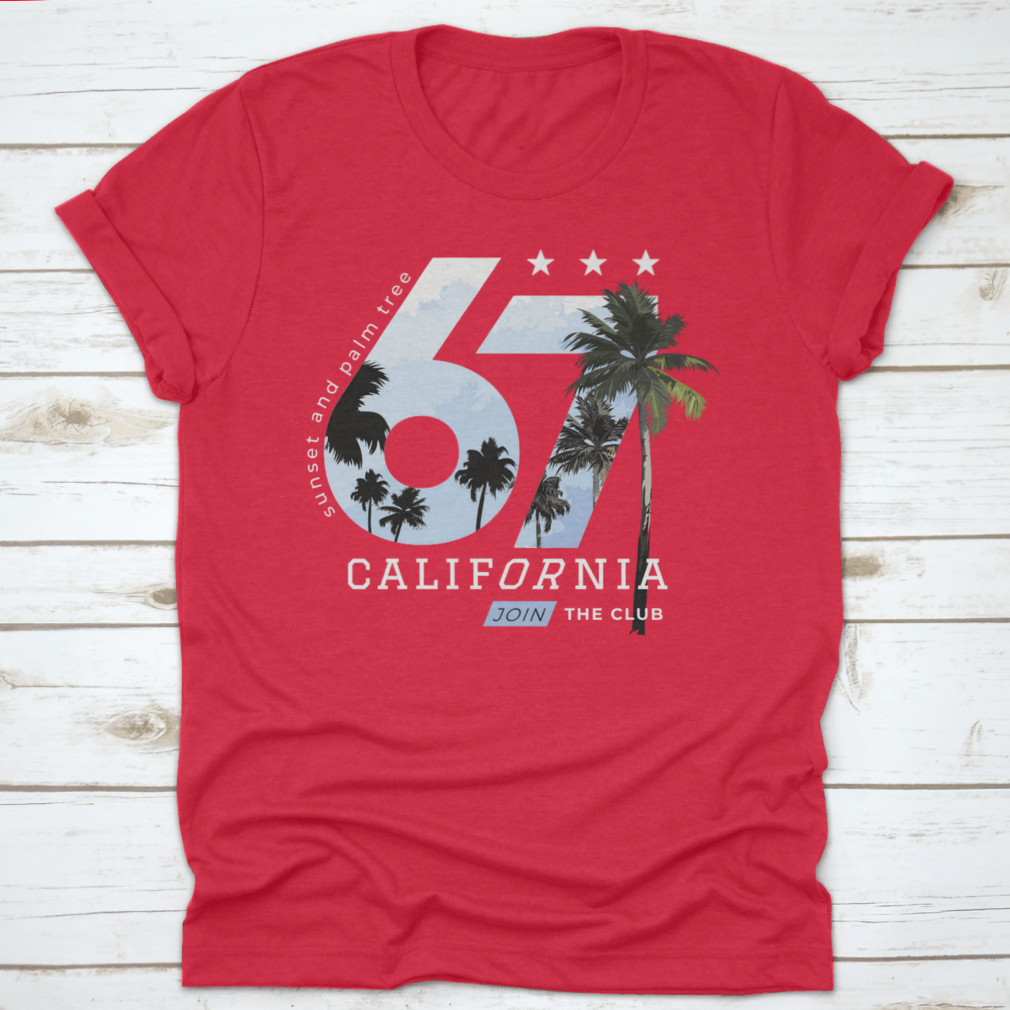 California-themed T-shirt design featuring palm trees and numbers, made from soft cotton fabric.