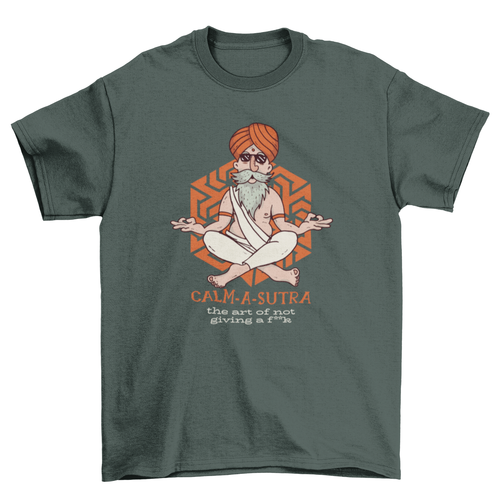 A humorous t-shirt featuring a meditating monk in sunglasses and a turban, with the caption 'Calm-a-sutra: The Art of Not Giving a F**k'.