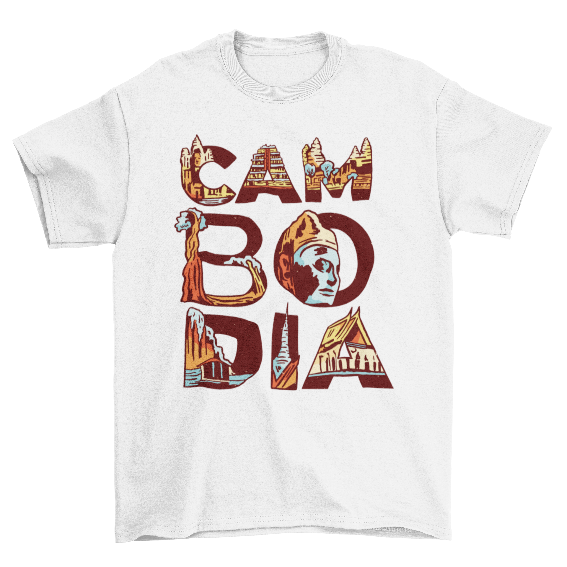 A stylish Cambodia t-shirt featuring the word 'Cambodia' filled with illustrations of famous landmarks.