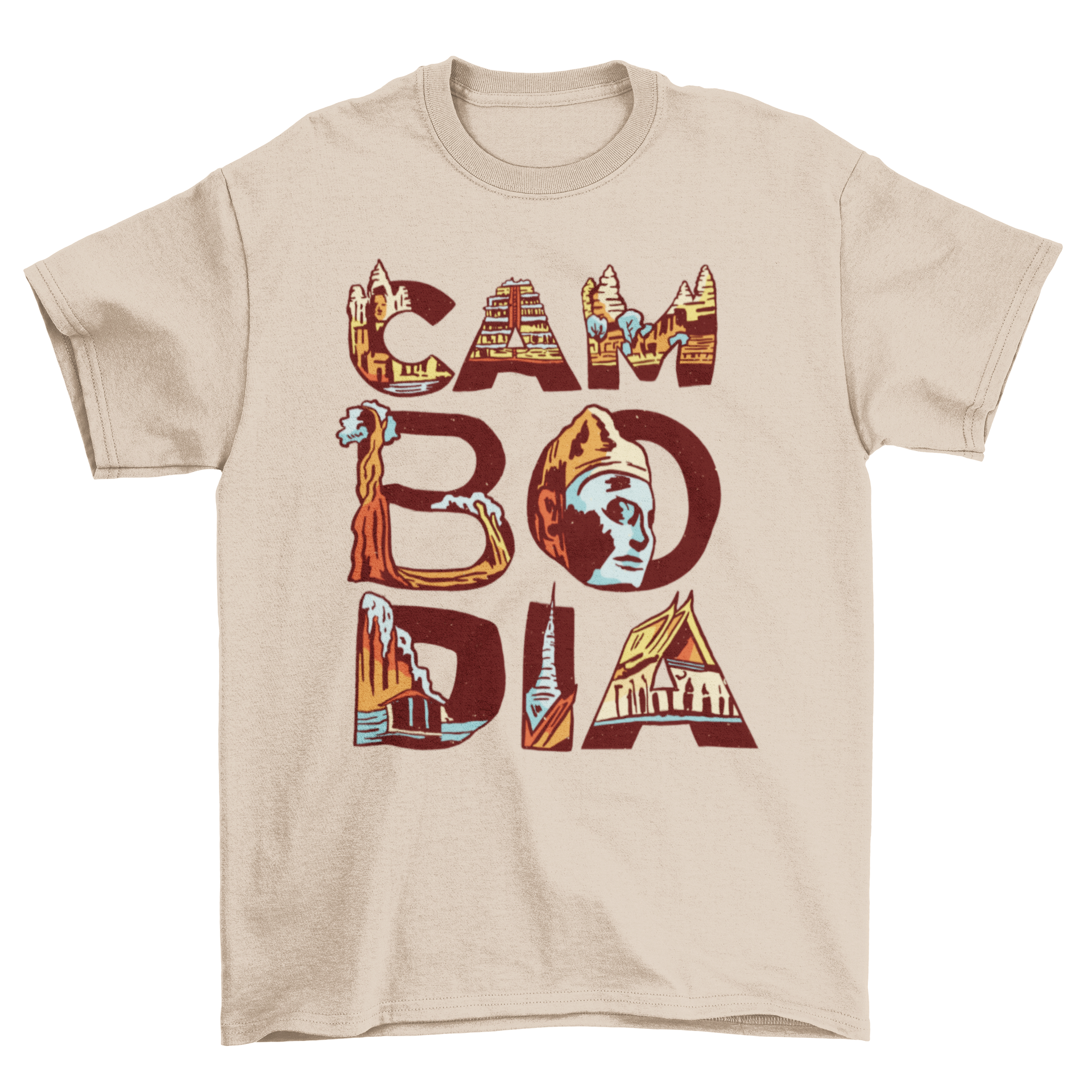 A stylish Cambodia t-shirt featuring the word 'Cambodia' filled with illustrations of famous landmarks.