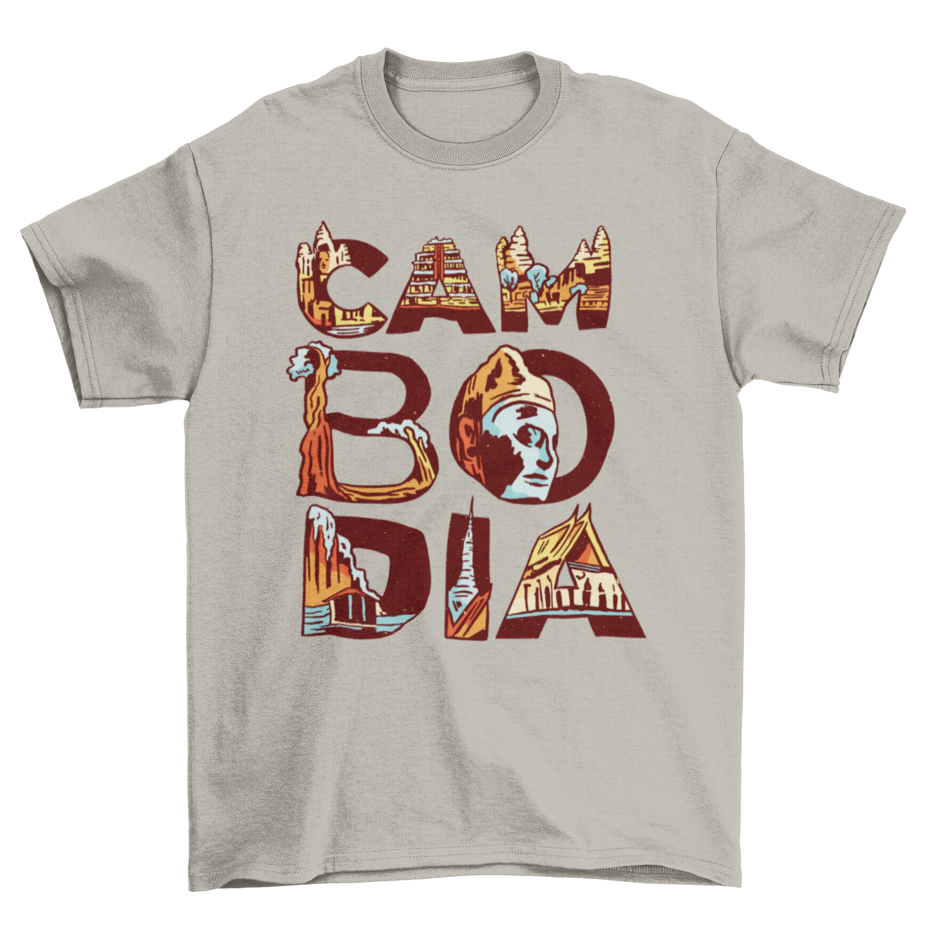 A stylish Cambodia t-shirt featuring the word 'Cambodia' filled with illustrations of famous landmarks.