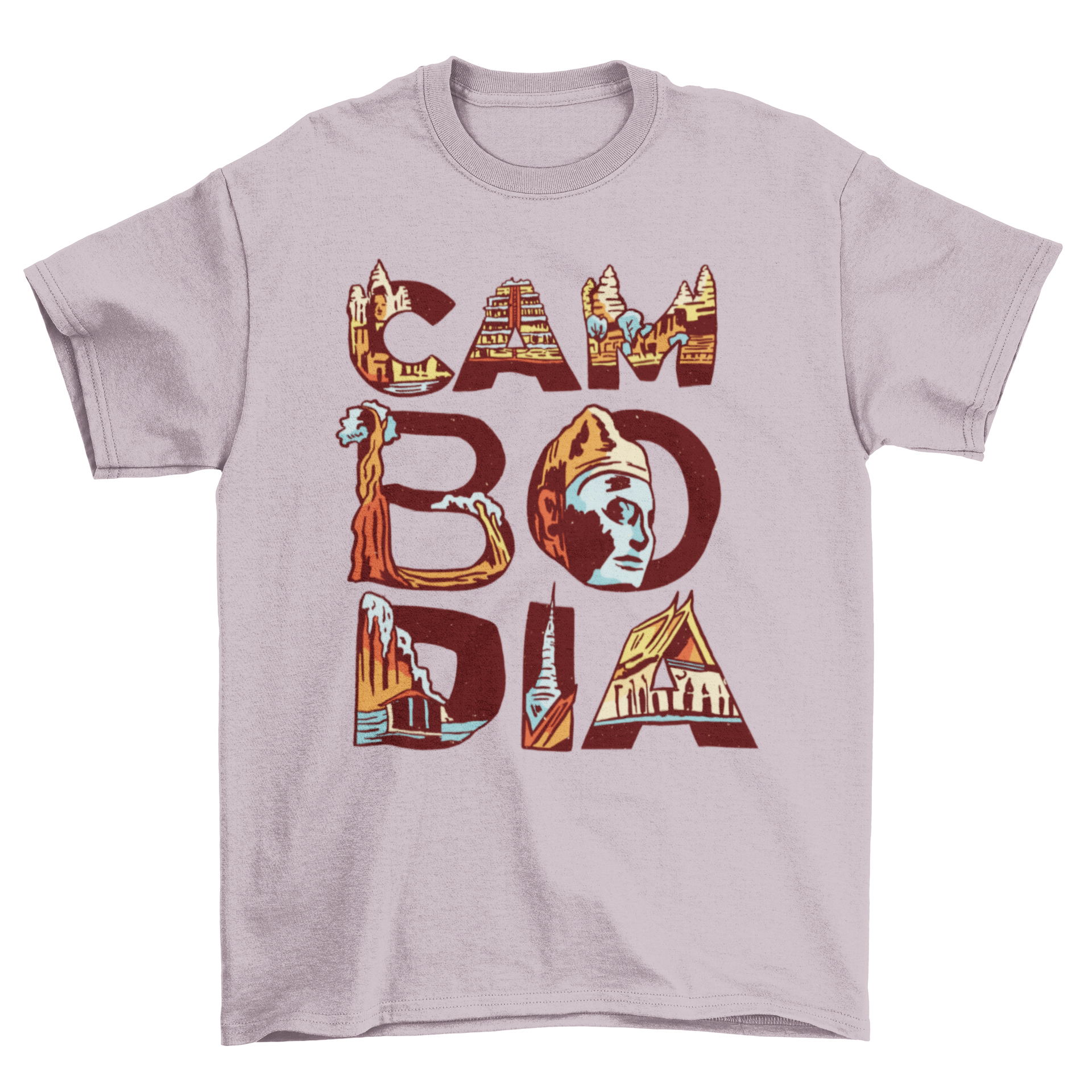 A stylish Cambodia t-shirt featuring the word 'Cambodia' filled with illustrations of famous landmarks.