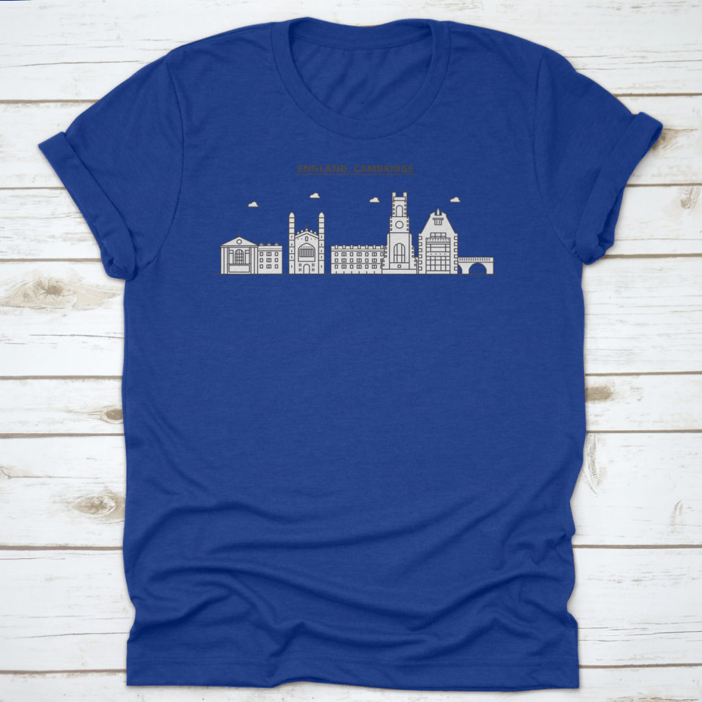 A stylish t-shirt featuring the Cambridge Architecture Line Skyline, showcasing famous landmarks in a unique design.