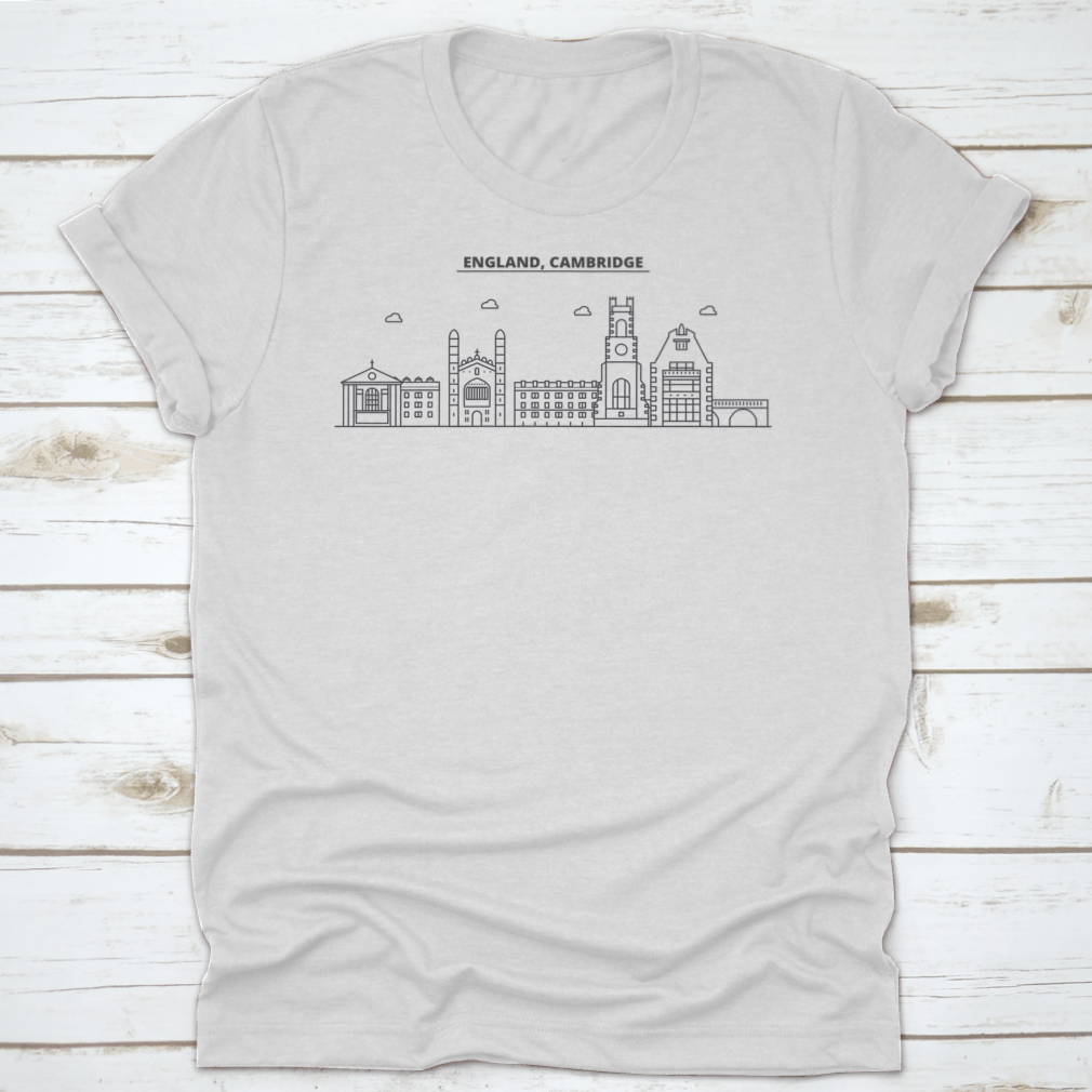 A stylish t-shirt featuring the Cambridge Architecture Line Skyline, showcasing famous landmarks in a unique design.