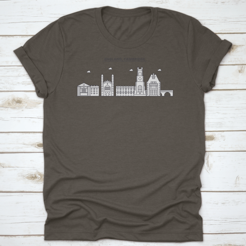 A stylish t-shirt featuring the Cambridge Architecture Line Skyline, showcasing famous landmarks in a unique design.