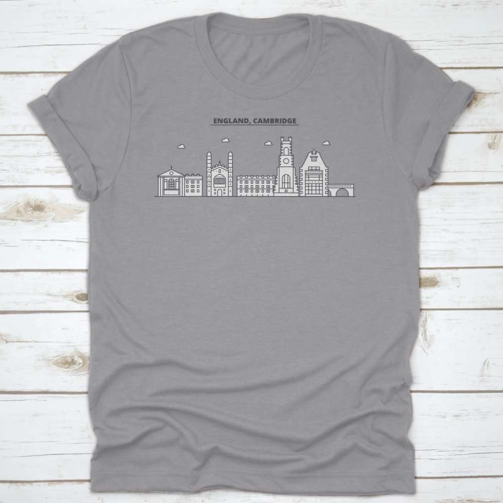 A stylish t-shirt featuring the Cambridge Architecture Line Skyline, showcasing famous landmarks in a unique design.