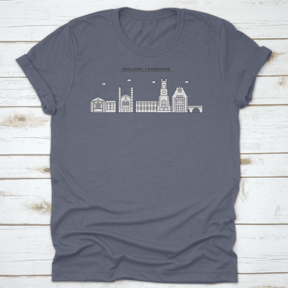 A stylish t-shirt featuring the Cambridge Architecture Line Skyline, showcasing famous landmarks in a unique design.