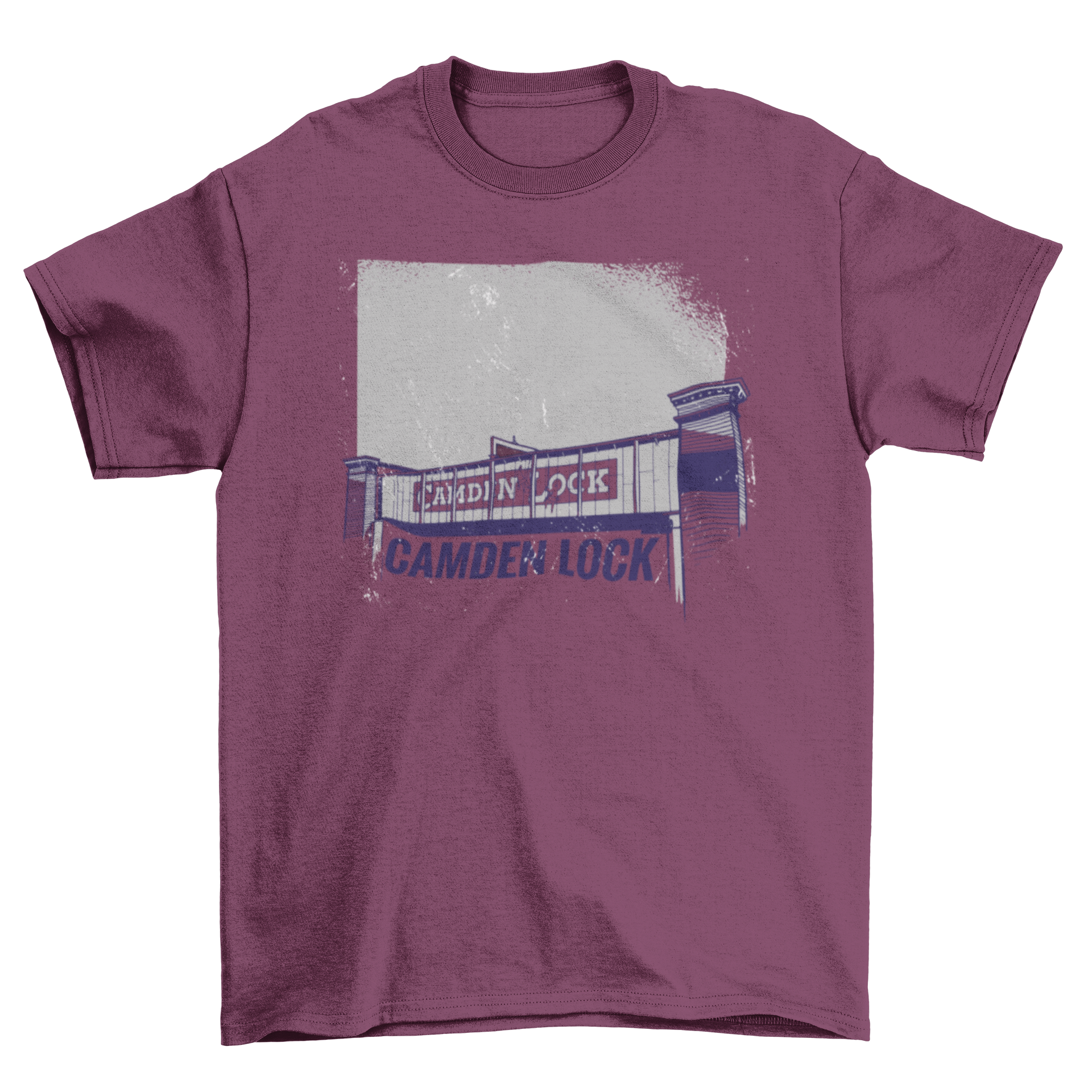 A stylish Camden Lock T-shirt featuring a colorful illustration of the Camden Lock Market, perfect for casual wear.