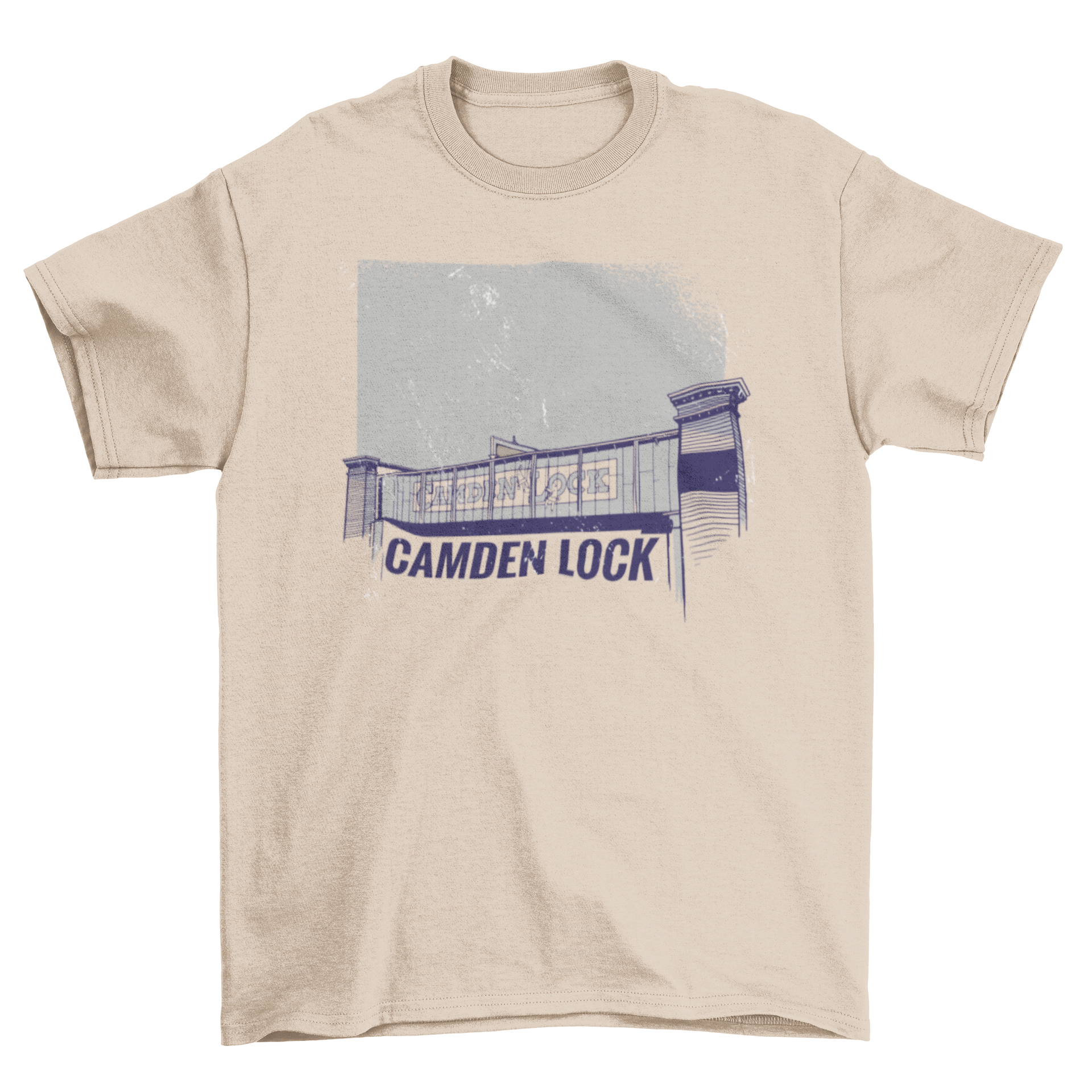 A stylish Camden Lock T-shirt featuring a colorful illustration of the Camden Lock Market, perfect for casual wear.