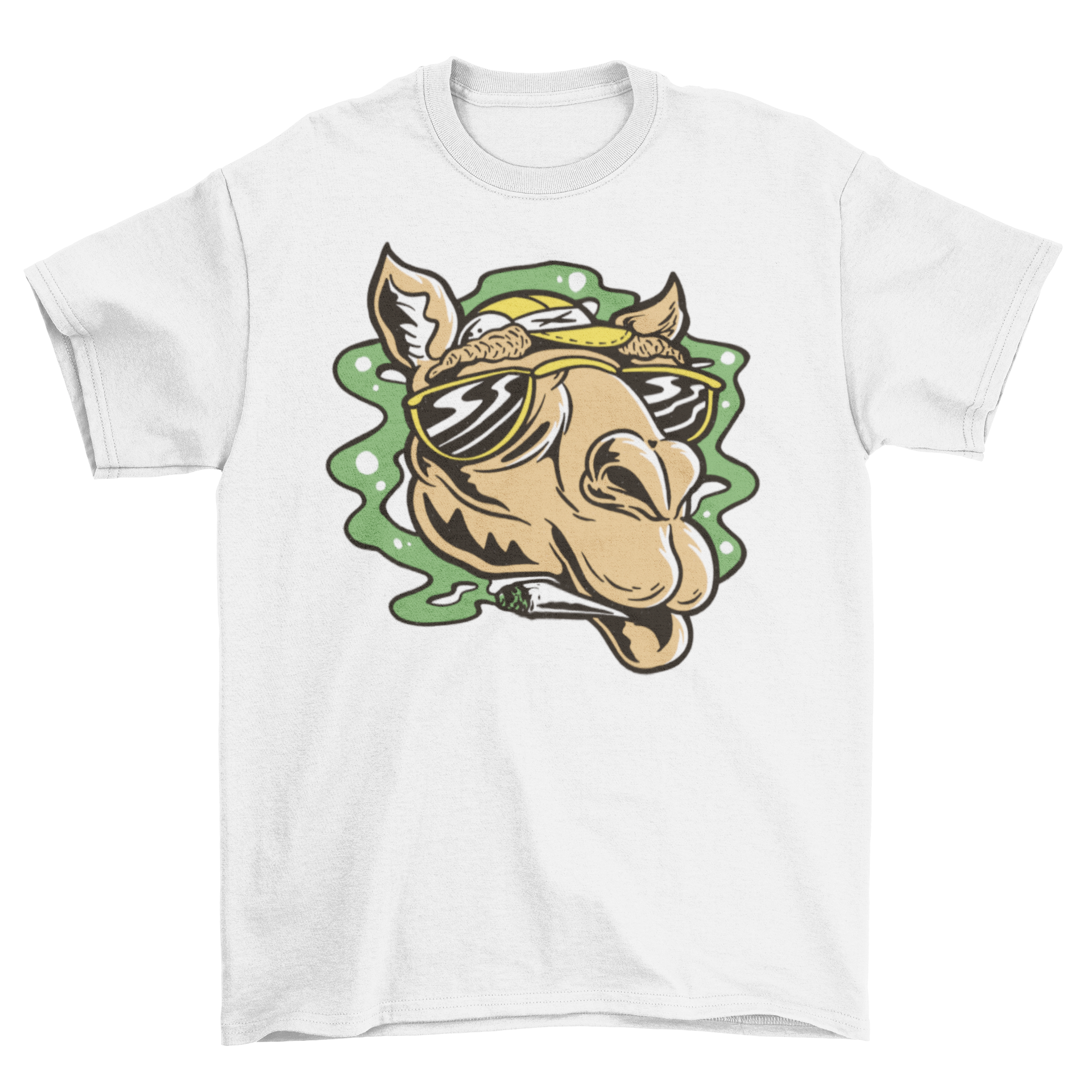 A fun t-shirt featuring a cartoon camel smoking weed, showcasing vibrant colors and a humorous design.